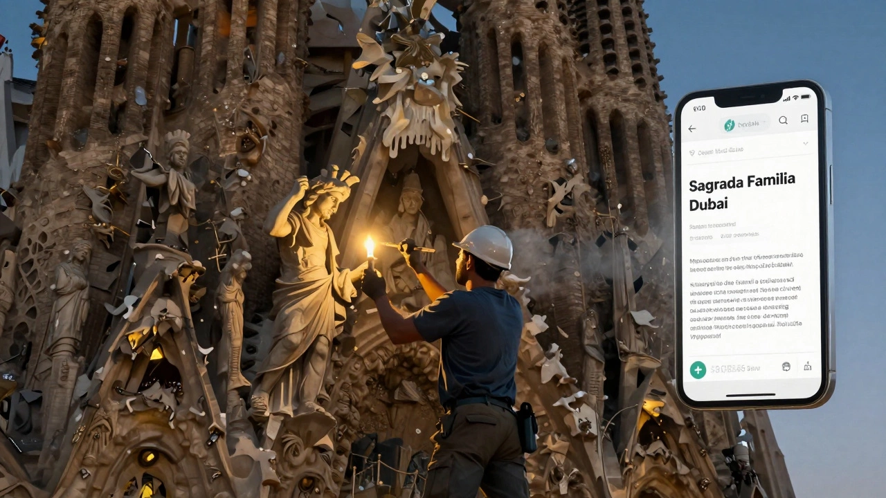 A 19th-century worker carving stone at the Sagrada Familia, with a ghostly smartphone showing a fake Dubai ad.