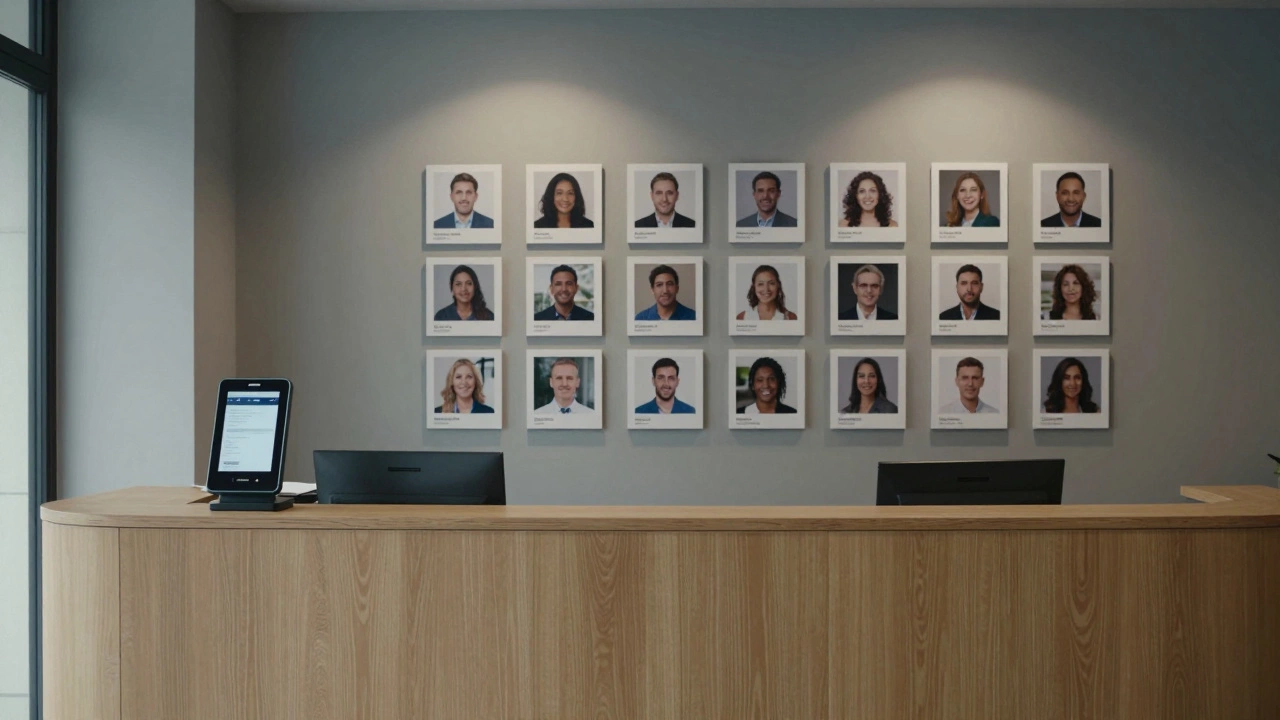 A sleek, modern escort agency office with digital booking terminals and verified client profiles in a calm, minimalist setting.