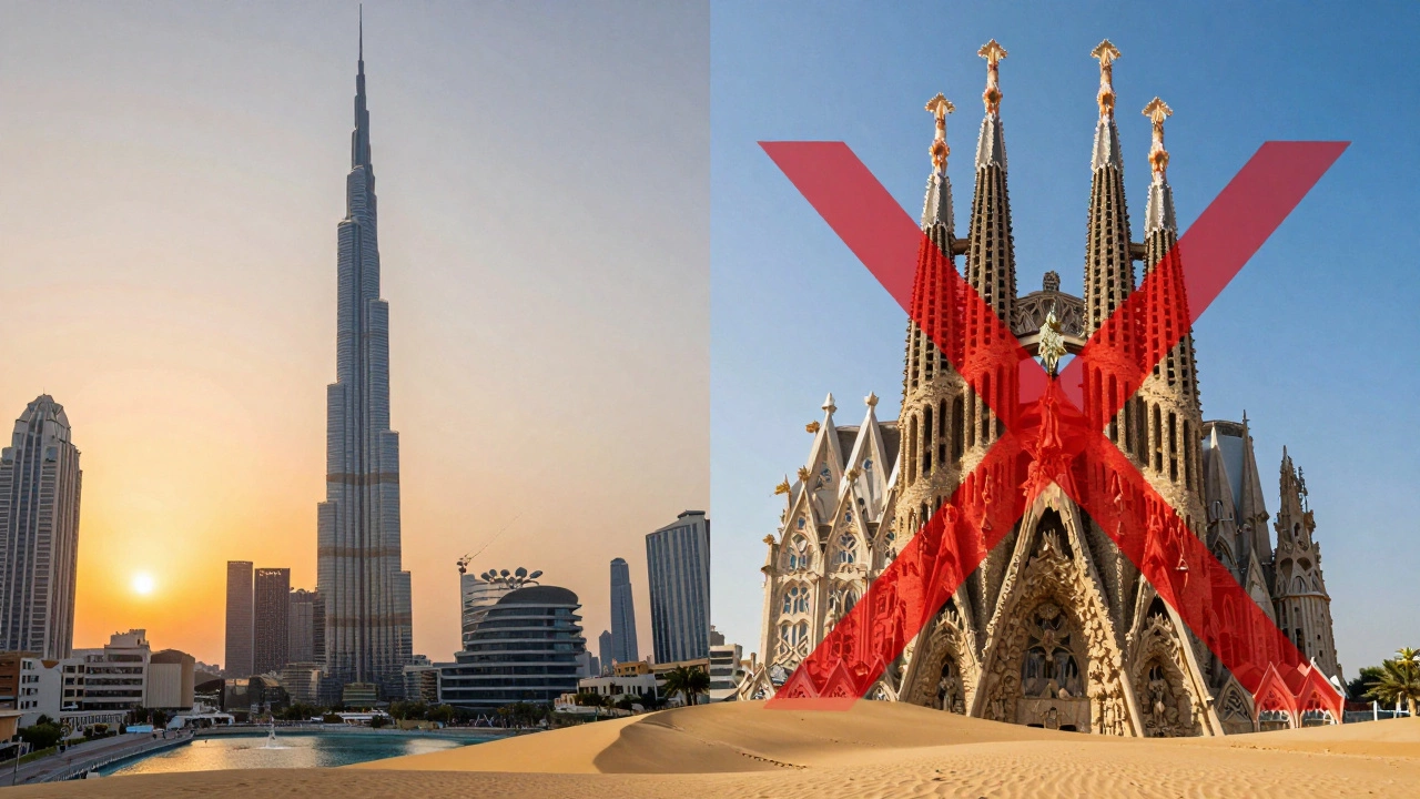 Contrasting Dubai’s modern skyline with the Sagrada Familia, with a red X marking false claims.